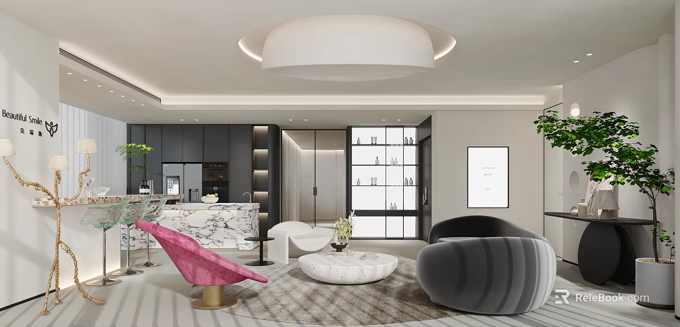 Modern Beauty Hair Salon Interior Design With Styling Chairs And Product Shelves 3d model 