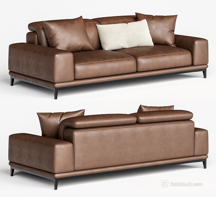 Brown Leather Two Seater Sofa With Modern Design And Soft Comfortable Cushions 3d model 