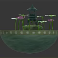 Decorative Water Bowl Landscape With Green Lotus Leaves Pink Flowers And Small Pavilion