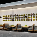 Instant Noodle Restaurant Interior With Shelves Of Noodles Wooden Tables And Hanging Lights