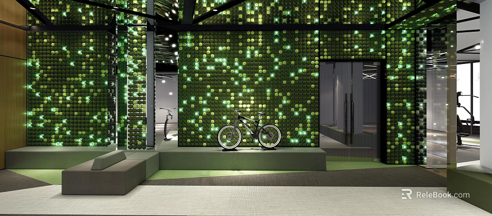 Modern Living Plant Wall Design With Decorative Lights And Bicycle In Indoor Space 3d model 