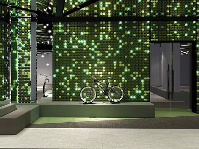 Modern Living Plant Wall Design With Decorative Lights And Bicycle In Indoor Space 3d model