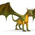Detailed Mythical Green and Yellow Dragon Standing with Spread Wings