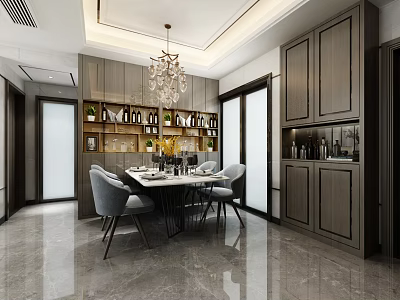 Modern Restaurant Interior Design With Dining Table Gray Chairs Chandelier And Wine Rack 3d model