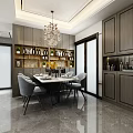Modern Restaurant Interior Design With Dining Table Gray Chairs Chandelier And Wine Rack