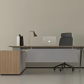 Modern Office Desk Chair Set With Wooden Drawer Cabinet Table Lamp And Laptop