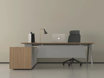 Modern Office Desk Chair Set With Wooden Drawer Cabinet Table Lamp And Laptop 3d model