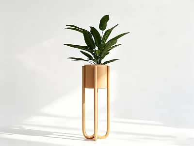 Decorative Plant Ornament Set With Wooden Stand And Green Leaves In Minimalist Style 3d model