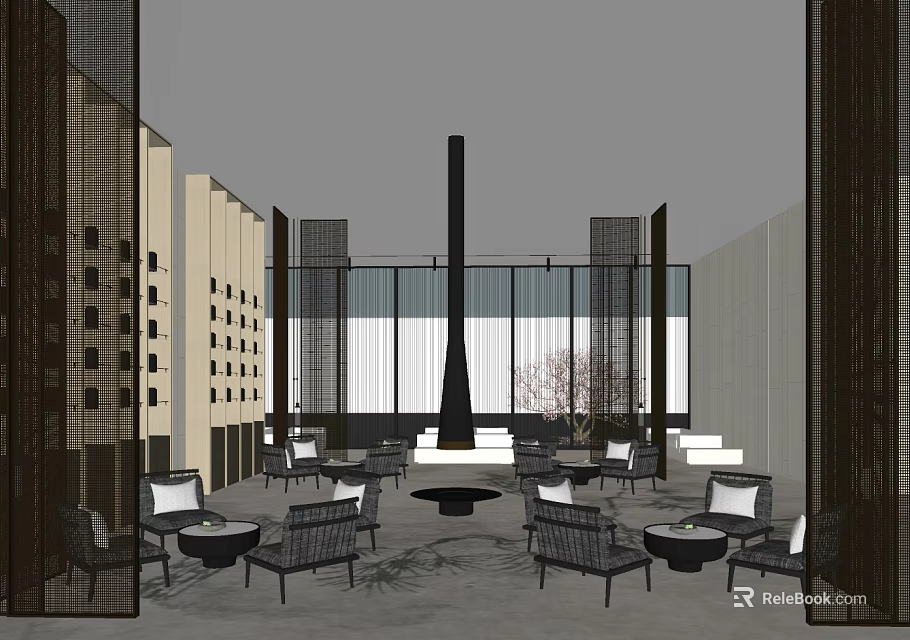 Hotel Public Lounge Area With Modern Design Comfortable Chairs Round Tables Large Window Panels Central Decor 3d model 