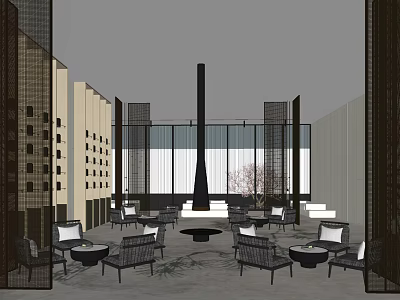 Hotel Public Lounge Area With Modern Design Comfortable Chairs Round Tables Large Window Panels Central Decor 3d model