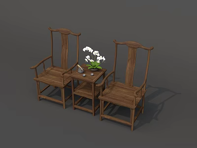 Traditional Wooden Tea Table And Chairs With White Flowers In Small Vase 3d model