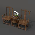 Traditional Wooden Tea Table And Chairs With White Flowers In Small Vase