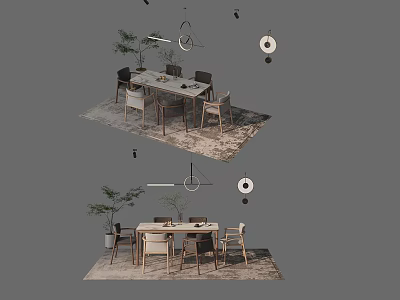Modern Dining Table Set With Wooden Chairs Pendant Lights And Potted Plant 3d model