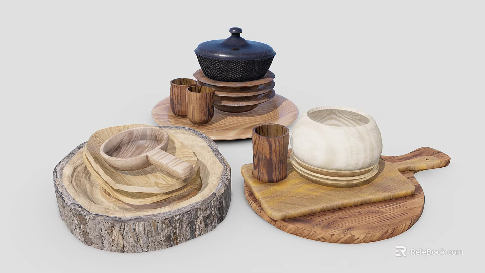 Natural Wooden Household Items Including Plates Mugs Bowls And Lidded Container On Trays 3d model 