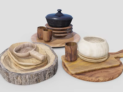 Natural Wooden Household Items Including Plates Mugs Bowls And Lidded Container On Trays 3d model