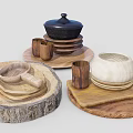 Natural Wooden Household Items Including Plates Mugs Bowls And Lidded Container On Trays