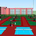 Outdoor Basketball Court With Red Buildings Green Red Surface And Players