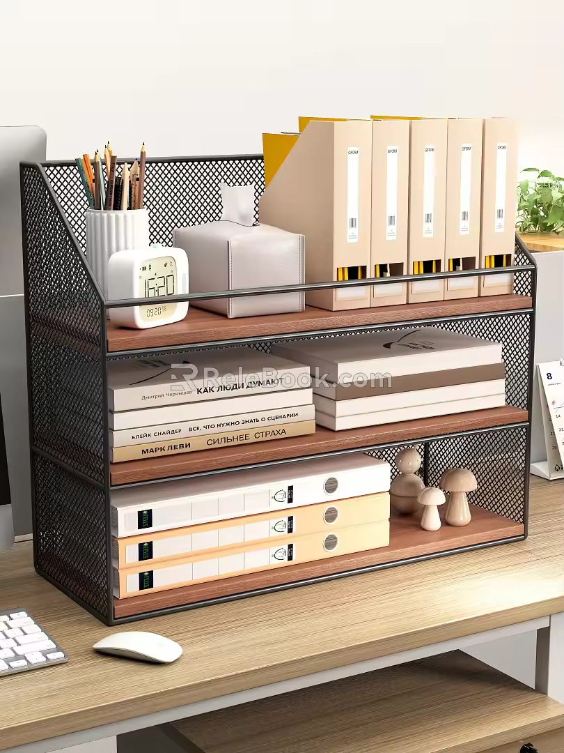 Office File Rack Folder Alarm Clock Pen Holder Leather Paper Box Book Ornaments Wooden Doll Mouse Keyboard Computer Desk Mobile Storage Cabinet Calendar Green Plant 3d model