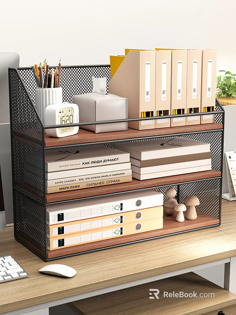 Office Wooden Shelf With Metal Frame Pencil Holder Clock Tissue Box Folders Books Mushroom Decor 3d model 