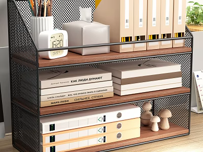 Office Wooden Shelf With Metal Frame Pencil Holder Clock Tissue Box Folders Books Mushroom Decor 3d model