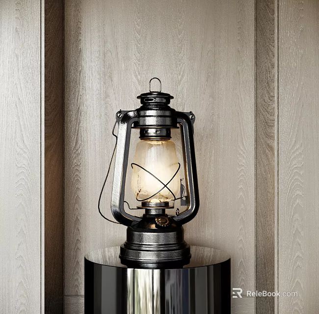 Vintage Table Lamp With Metal Frame Glass Shade Black Base Against Light Wood Grain Wall 3d model 