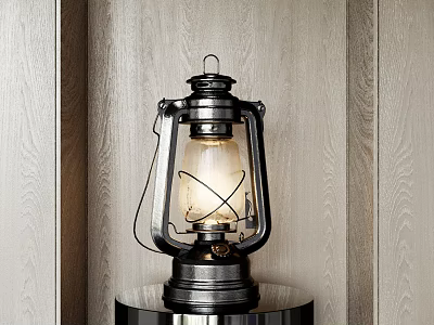 Vintage Table Lamp With Metal Frame Glass Shade Black Base Against Light Wood Grain Wall 3d model