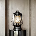 Vintage Table Lamp With Metal Frame Glass Shade Black Base Against Light Wood Grain Wall