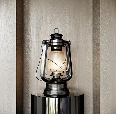 Vintage Table Lamp With Metal Frame Glass Shade Black Base Against Light Wood Grain Wall 3d model
