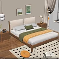 Double Bed in Cozy Bedroom with Wooden Frame Nightstand Wall Paintings and Curtains