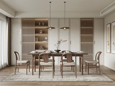 Modern Restaurant Interior With Wooden Dining Table Chairs Hanging Pendant Lights And Glass Door Cabinets 3d model