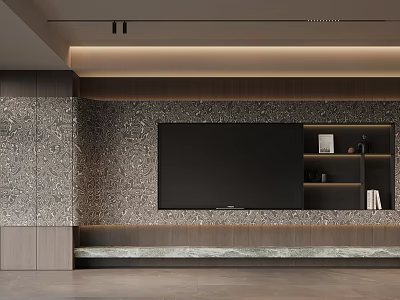 Elegant Modern Living Room Feature Wall with Gray Marble Texture LED Lighting and Open Shelves 3d model