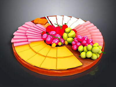 Round Colorful Wooden Platter With Sliced Ham Cheese Grapes And Strawberries 3d model
