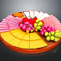 Round Colorful Wooden Platter With Sliced Ham Cheese Grapes And Strawberries