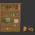 Wooden Bookshelf With Books Potted Plants And Decorations Near Fallen Flower Pots