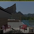 Traditional Modern Boutique Hotel Building With Mountain Backdrop Stone Walls And Large Windows