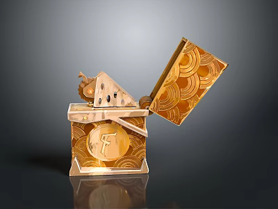 Golden Decorative Storage Box Featuring Open Lid And Intricate Coin Patterns 3d model