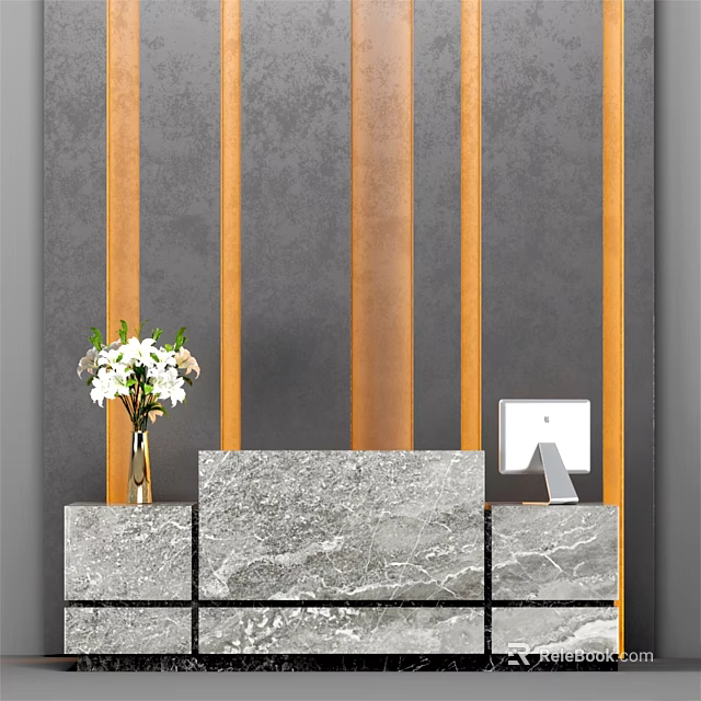 Table and Chair Set Featuring Marble Countertop Gray Orange Striped Wall Vase White Flowers Monitor 3d model 