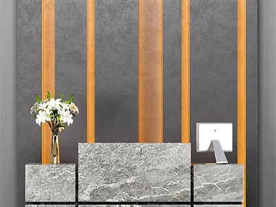 Table and Chair Set Featuring Marble Countertop Gray Orange Striped Wall Vase White Flowers Monitor 3d model