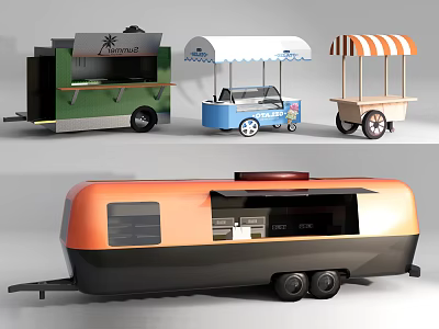 Colorful Mobile Commercial Food Trucks With Canopies Wheels And Storage Compartments 3d model