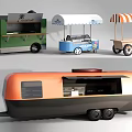Colorful Mobile Commercial Food Trucks With Canopies Wheels And Storage Compartments
