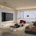 Modern Living and Dining Area With Sofa Coffee Table Bookshelf Floor Lamp and Plants