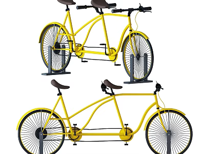 Two Yellow Tandem Bicycles With Brown Seats And Spoked Wheels On Stand 3d model