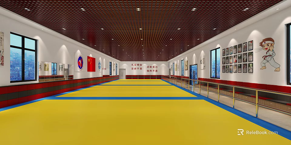 Spacious Indoor Sports Fitness Training Area With Yellow Blue Mats And Wall Decorations 3d model 