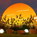 Decorative Ornament Set with Reed Plants Wooden Stools Glowing Spherical Lights and Orange Backdrop