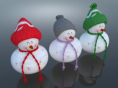 Cute Snowmen Decorations With Red Gray Green Knitted Hats Colorful Scarves And Star Patterns 3d model
