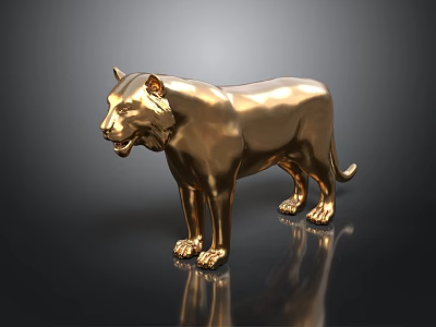Golden Lion Statue Standing Shiny Metallic Artwork On Dark Reflective Surface 3d model