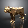 Golden Lion Statue Standing Shiny Metallic Artwork On Dark Reflective Surface