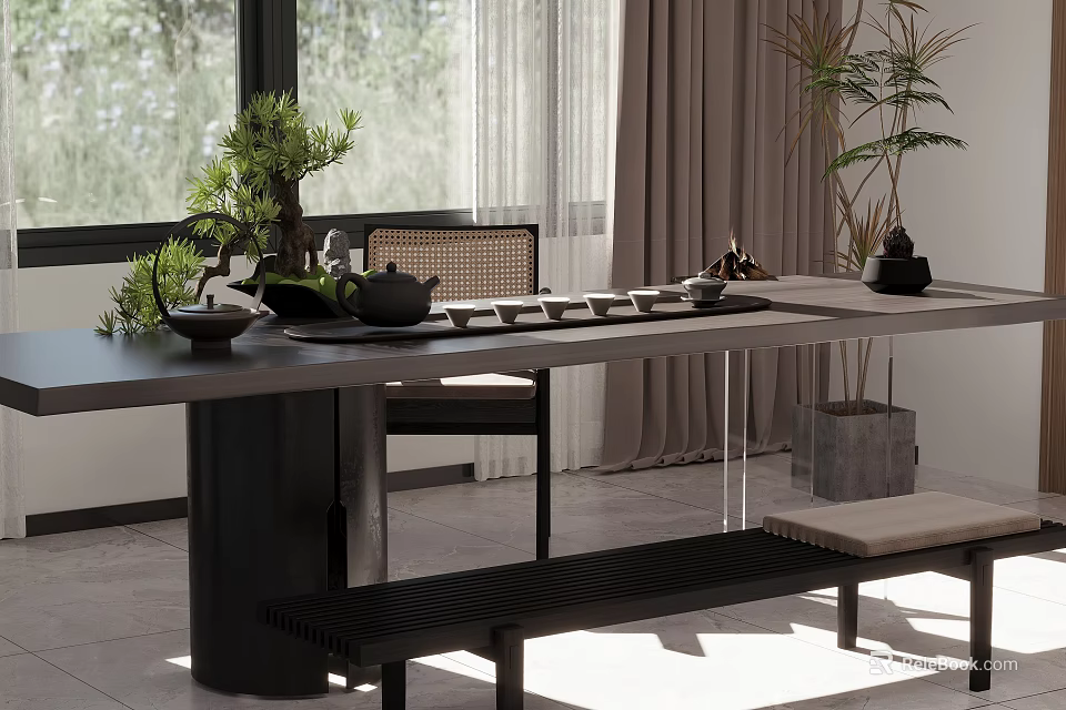 Long Tea Table and Chairs with Sunlight Indoor Green Plants and Tea Sets 3d model 