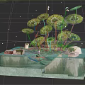 Enchanting Water Fountain with Lotus Leaves Glowing Lights and Small Structures in Serene Design