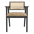 Stylish Modern Accent Chair With Dark Wooden Frame Rattan Backrest And Beige Fabric Seat